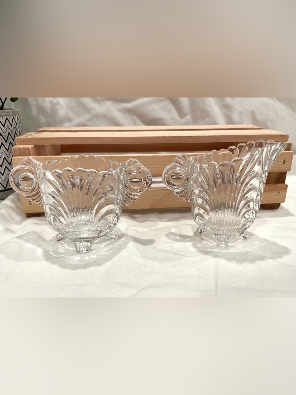 Cambridge Glass Co. “Caprice” Pattern Shell Shape Creamer & Open Sugar Set | EUC